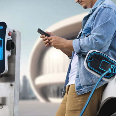 Asian man waiting and using smartphone while his electric car recharging energy from future home charging station. Smart and futuristic home energy infrastructure. Peruse